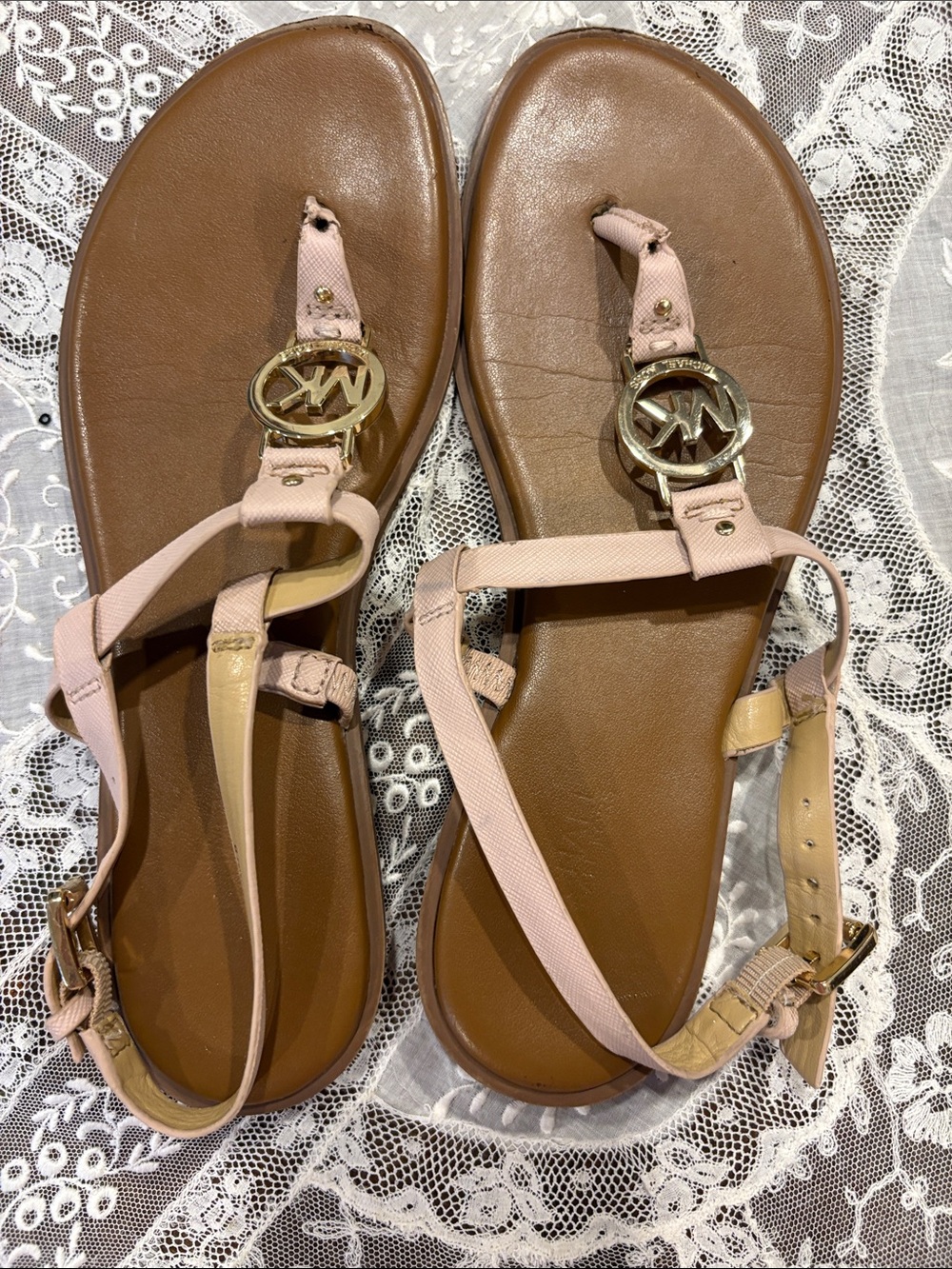 Michael Kors Pink and Brown Leather T-Strap Sandals with Gold Logo